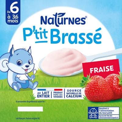 Naturnes® - P'tit Brassé Dessert Lacté Fraise Coupelle Bébé Dès 6 mois, 4x100g