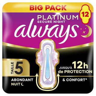 Always Serviettes Hygiéniques avec Ailettes Flux Abondant Taille 5 Platinium Secure Night, 12 serviettes