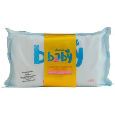 Auchan Baby Lingettes sensitive au lait d'Amande douce lot de 3, 3 x 64 lingettes