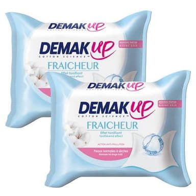 Demak Up Lingettes démaquillantes fraîcheur coton pour peaux sèches ou sensibles, Lot de 2x25 lingettes