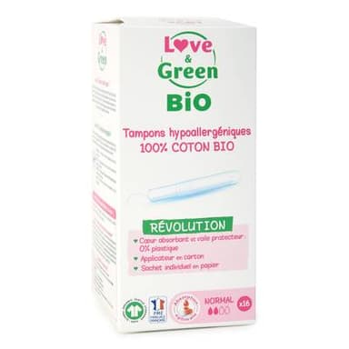 Love & Green Tampon 100% coton bio avec applicateur - Normal, 16 pièces