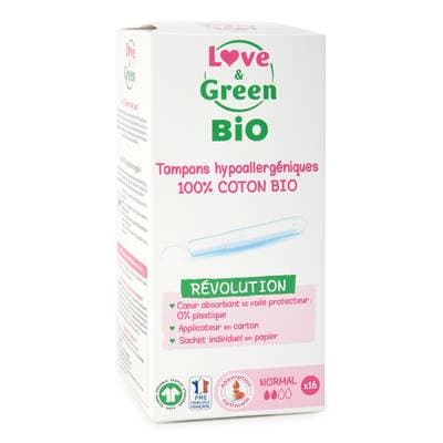 Love & Green Tampon 100% coton bio avec applicateur - Normal, 16 pièces