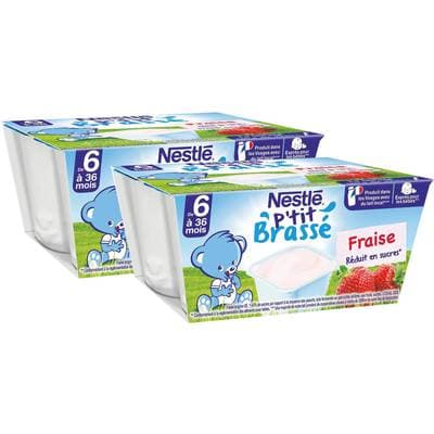 Nestlé - P'tit Brassé Dessert Lacté Fraise Coupelle Bébé Dès 6 mois, Lot de 2 - 4x100g