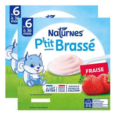 Naturnes® - P'tit Brassé Dessert Lacté Fraise Coupelle Bébé Dès 6 mois, Lot de 2 - 4x100g