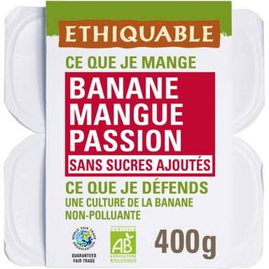 Ethiquable - Commerce Equitable Purée Banane Mangue Passion Bio du Pérou ou d'Equateur, 4x100g
