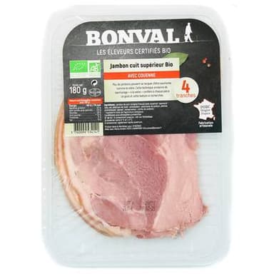 Bonval Jambon Cuit Supérieur, Bio, avec Couenne, 4 tranches -180g