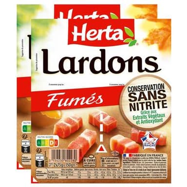 Herta Lardons Fumés, Conservation sans Nitrite, Lot de 2x150g