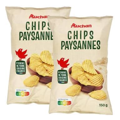 Auchan Chips paysannes ondulées nature, Lot de 2x150g