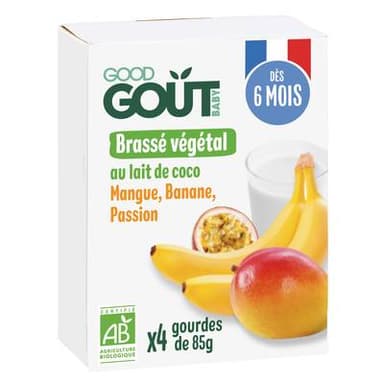 Good Goût Brassé Végétal Lait de coco, Mangue, Banane Passion Bio Gourde Bébé dès 6 mois, 4x85g