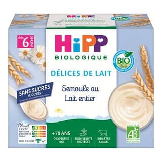 Hipp - Délices de Lait Semoule au Lait Entier Bio Coupelle Bébé Dès 6 mois, 4x100g