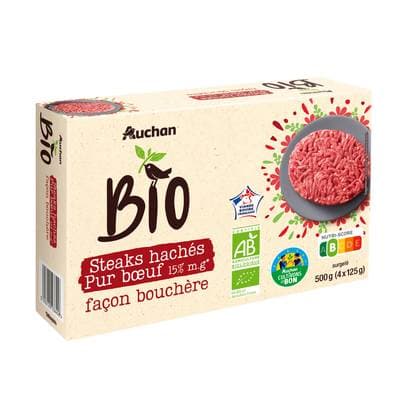 Auchan BIO Steak haché bio pur boeuf 15%mg façon bouchère, 4x125g