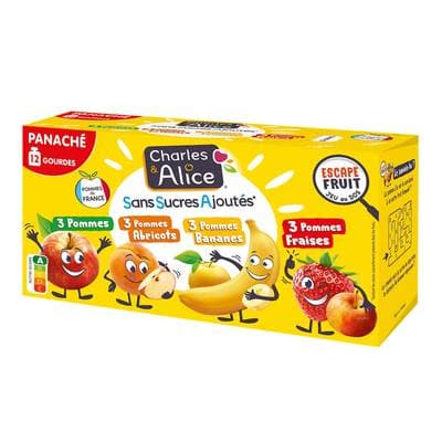 Charles et Alice Gourdes purée pomme fraise banane abricot, 12 gourdes de 90g
