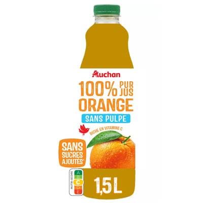 Auchan Pur jus d'orange sans pulpe et sans sucres ajoutés, 1,5L