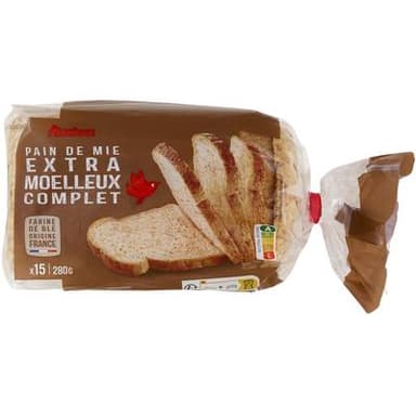 Auchan Pain de mie complet avec croûte extra moelleux, 15 tranches - 280g