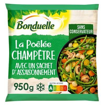 Bonduelle Poêlée La Champêtre- Haricots verts, carottes, pois, champignons de Paris, oignons grelots, 950g