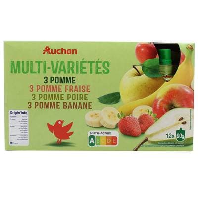 Auchan Compote Gourdes Pomme Multivarieté Allégée en sucre, 12x90g