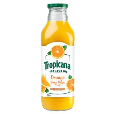 Tropicana Pur jus d'orange sans pulpe (bouteille verre), 1L