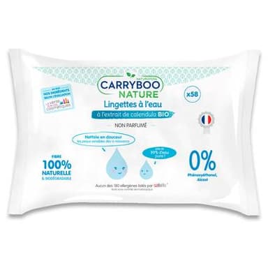 Carryboo Lingettes à l'Eau pure à l'extrait de calendula Bio, 58 lingettes