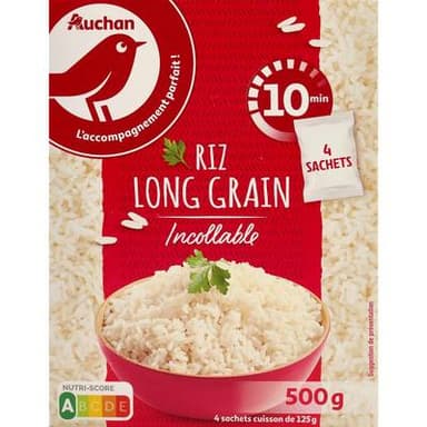Auchan Riz long grain incollable sachets cuisson prêt en 10 min, 4x125g