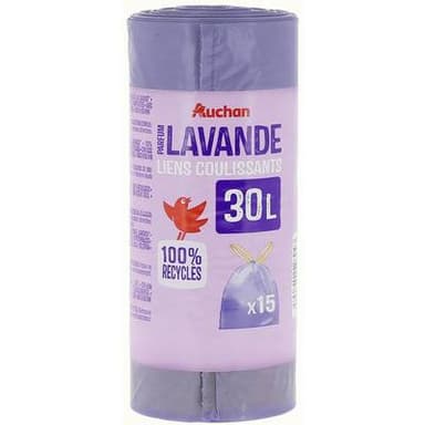 Auchan Sacs poubelle avec liens coulissants parfum lavande 30L, 15 sacs poubelle