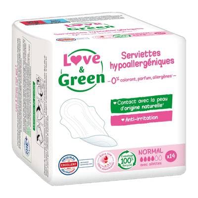 Love & Green Serviettes hygiéniques flux normal anti-irritations, 14  serviettes