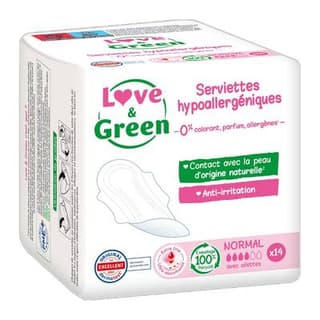 Love & Green Serviettes hygiéniques flux normal anti-irritations, 14  serviettes