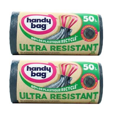 Handy Bag Sacs poubelle 50L avec poignées coulissantes - Ultra Résistant, Lot de 2x10 sacs de 50L