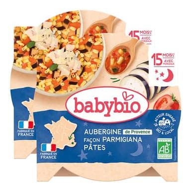 Babybio Aubergines de Provence façon Parmigiana et Macaroni Bio Assiette Bébé Dès 15 mois, Lot de 2x260g