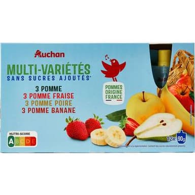 Auchan Gourdes purée de pomme fraise poire banane sans sucres ajoutés, 12x90g