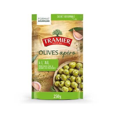 Tramier Olives vertes dénoyautées apéro à l'ail Format Généreux en sachet, 250g