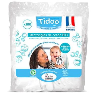 Tidoo Family Pads, Rectangles de coton Bio, 180 pièces