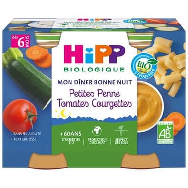 Hipp - Mon Dîner Bonne Nuit Petites Penne, Tomates, Courgettes Bio Pot Bébé Dès 6 mois, 2x190g