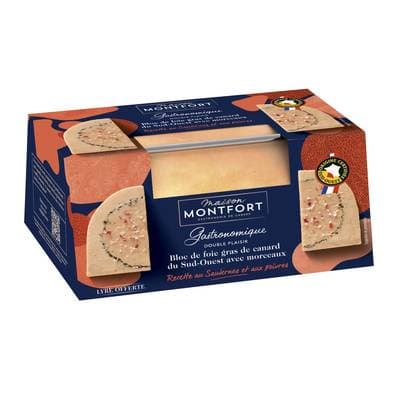 Maison Montfort Bloc de Foie Gras de Canard du Sud-Ouest avec Morceaux au Sauternes et Poivres Gastronomique, 7/8 parts - 280g