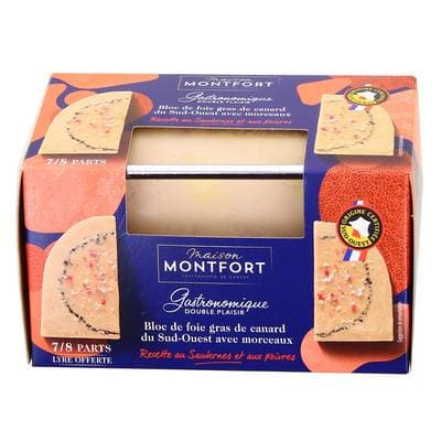 Maison Montfort Bloc de Foie Gras de Canard du Sud-Ouest avec Morceaux au Sauternes et Poivres Gastronomique, 7/8 parts - 280g