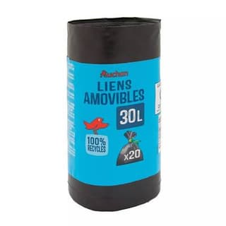 Auchan Sacs poubelle à liens amovibles 30L, 20 sacs poubelle