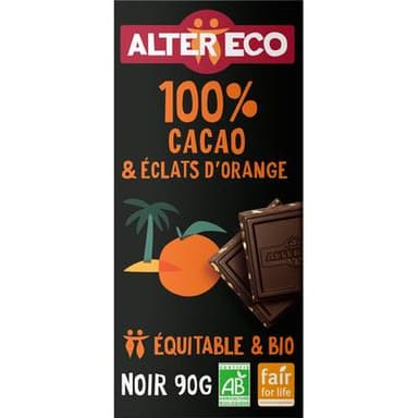 Alter Eco - Commerce Equitable Chocolat Noir 100% Cacao Eclat d'Orange Bio de République Dominicaine, 90g