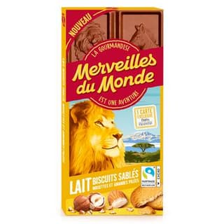 Merveilles du monde Tablette chocolat au lait, biscuits sablés, noisettes et amandes pilées, 100g