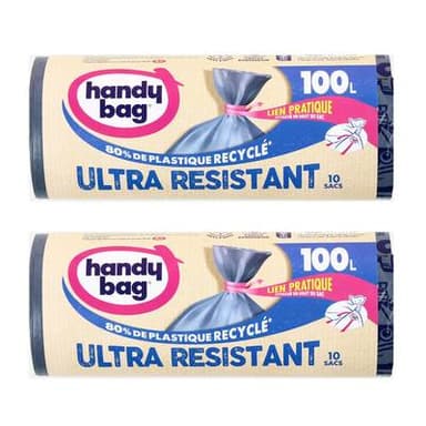 Handy Bag Sacs poubelle 100L à liens ultra-résistants, Lot de 2x10 sacs de 100L