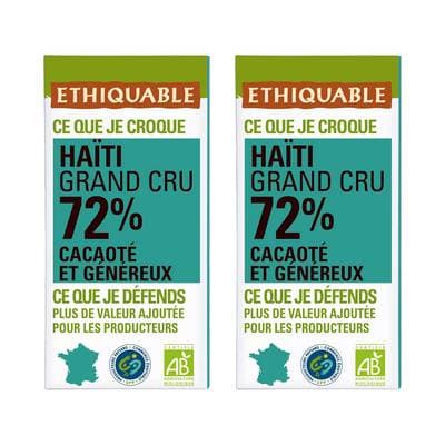 Ethiquable - Commerce Equitable Chocolat Noir 72% cacao Bio de Haiti, Lot de 2x100g