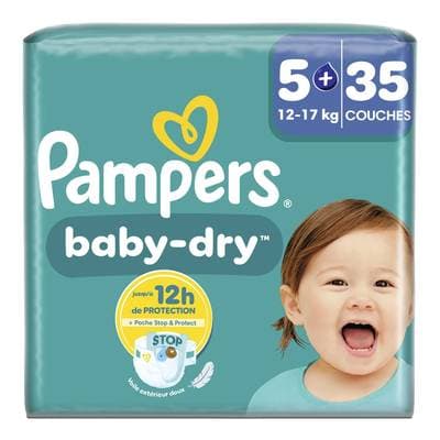 Pampers Babydry Geant Couches Bébés Baby-Dry 12-17kg T5+, 35 couches