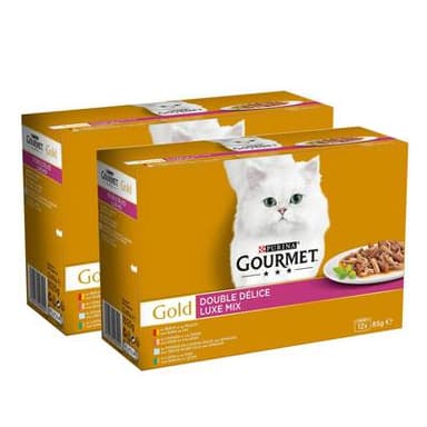 Purina - Gourmet Gold Boites Double Délice Bœuf-Poulet, Lapin-Foie, Poisson-Sauce Epinards, Canard-Dinde pour chat, Lot de 2 - 12x85g