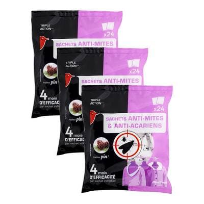 Auchan Sachets anti-mites & acariens fraîcheur pin, Lot de 3x24 sachets