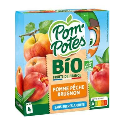 Pom Potes Compote Gourde pomme pêche brugnon sans sucres ajoutés Bio, 4x90g