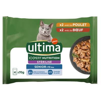 Affinity - Ultima Sachet Poulet Boeuf Bien être digestif pour chat senior stérilisé, 4x70g