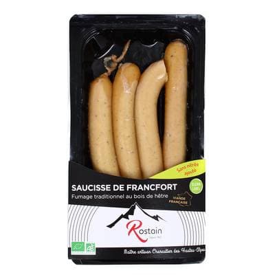 Rostain Saucisse de Francfort Bio Sans Nitrite Ajouté, 4 saucisses - 200g