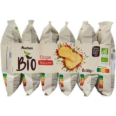 Auchan BIO Chips nature en sachets individuels Bio, 6x30g
