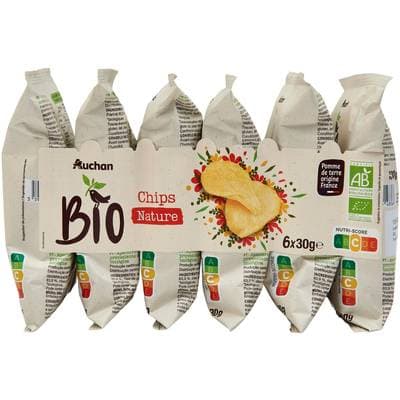 Auchan BIO Chips nature en sachets individuels Bio, 6x30g