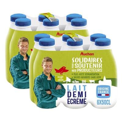 Auchan Solidaires Lait demi-écrémé UHT, Lot de 2 - 6x50cl