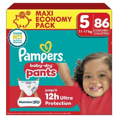 Pampers Babydry Couches-Culottes 11-17kg Taille 5, 86 couches