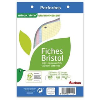 Auchan Fiches bristol perforées couleurs assorties A5 14,8x21cm, 100 fiches 205g/m²